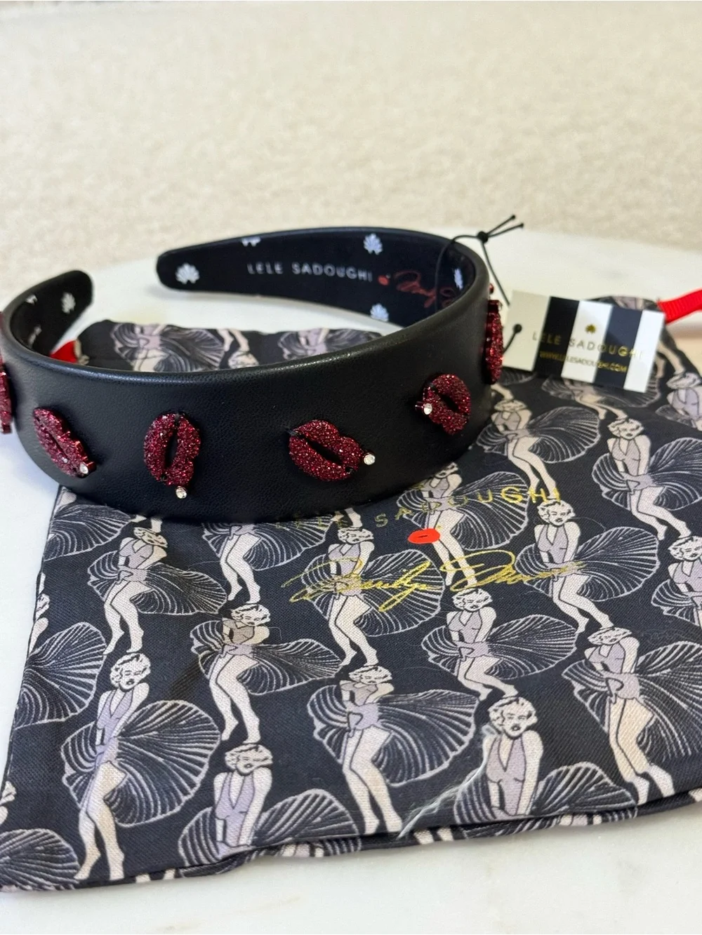 Lele Sadoughi x Marilyn Monroe Leather Headband w/Glitter Lip Appliqués